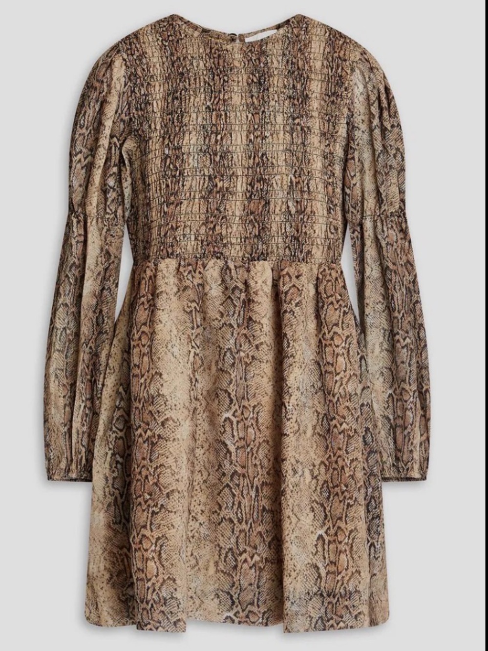 Ganni Brown Snake-Print Smocked Mini Dress